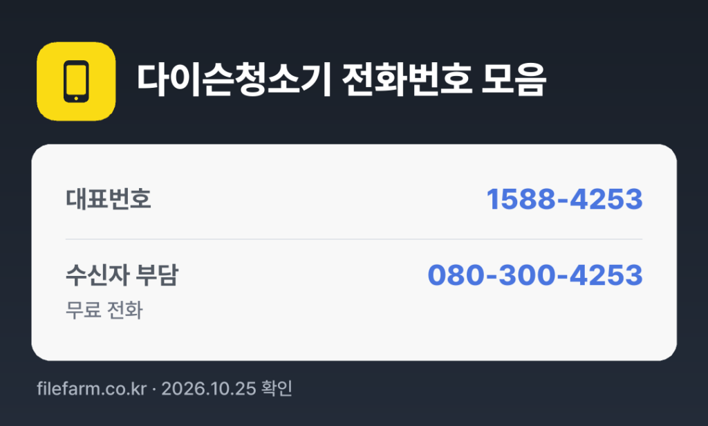 다이슨청소기 전화번호 모음: 대표번호 1588-4253, 수신자 부담 080-300-4253