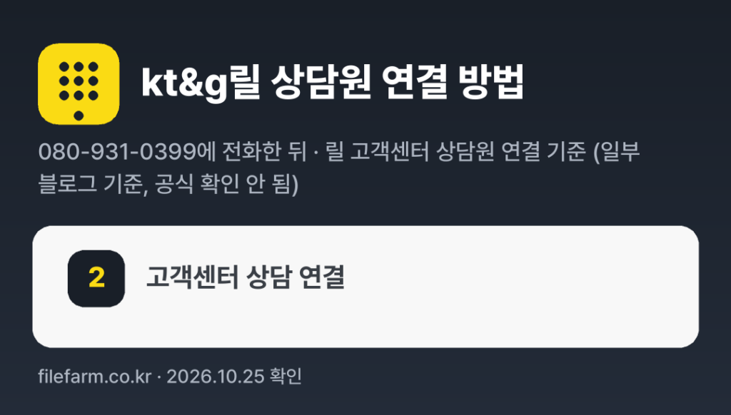 kt&g릴 상담원 연결 방법: 080-931-0399 전화 후 2번 (릴 고객센터 상담원 연결 기준 (일부 블로그 기준, 공식 확인 안 됨))
