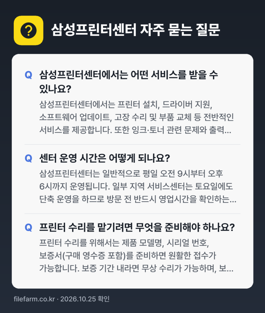 삼성프린터센터 자주 묻는 질문: 삼성프린터센터에서는 어떤 서비스를 받을 수 있나요? / 센터 운영 시간은 어떻게 되나요? / 프린터 수리를 맡기려면 무엇을 준비해야 하나요?
