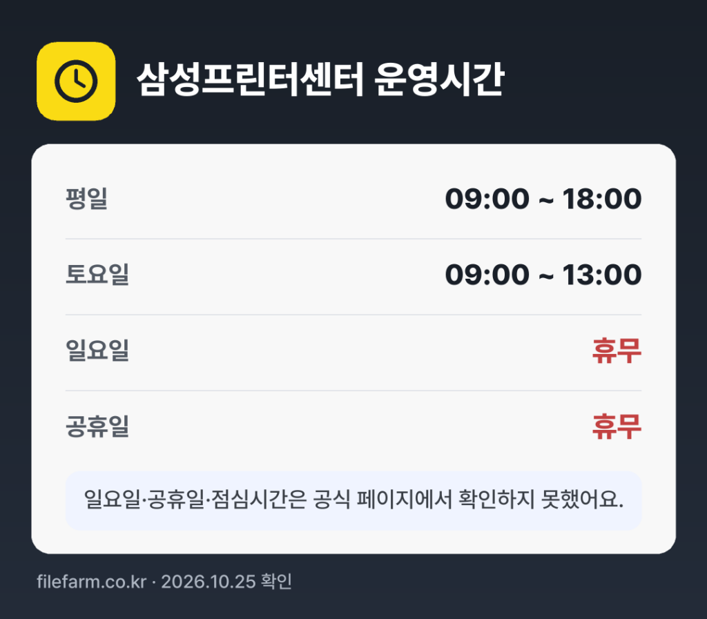 삼성프린터센터 운영시간: 평일 09:00 ~ 18:00 · 토 09:00 ~ 13:00 · 일 · 공휴일 휴무