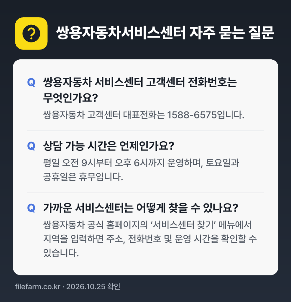쌍용자동차서비스센터 자주 묻는 질문: 쌍용자동차 서비스센터 고객센터 전화번호는 무엇인가요? / 상담 가능 시간은 언제인가요? / 가까운 서비스센터는 어떻게 찾을 수 있나요?