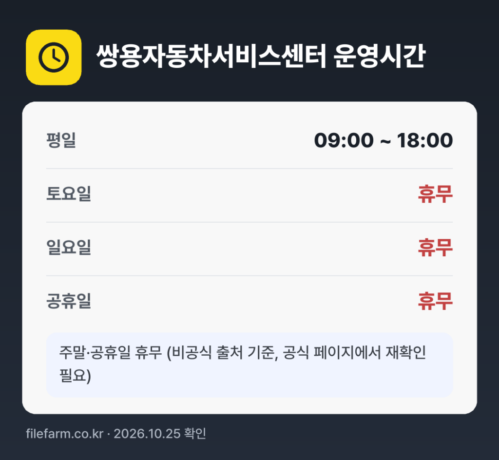 쌍용자동차서비스센터 운영시간: 평일 09:00 ~ 18:00 · 토 · 일 · 공휴일 휴무