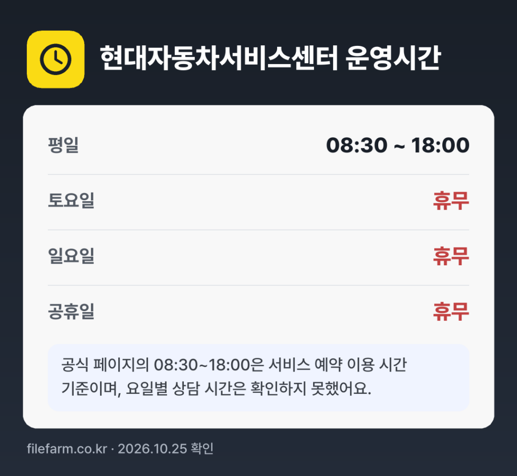 현대자동차서비스센터 운영시간: 평일 08:30 ~ 18:00 · 토 · 일 · 공휴일 휴무