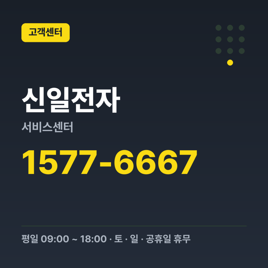 신일전자서비스센터 대표번호 1577-6667 · 평일 09:00 ~ 18:00 · 토 · 일 · 공휴일 휴무