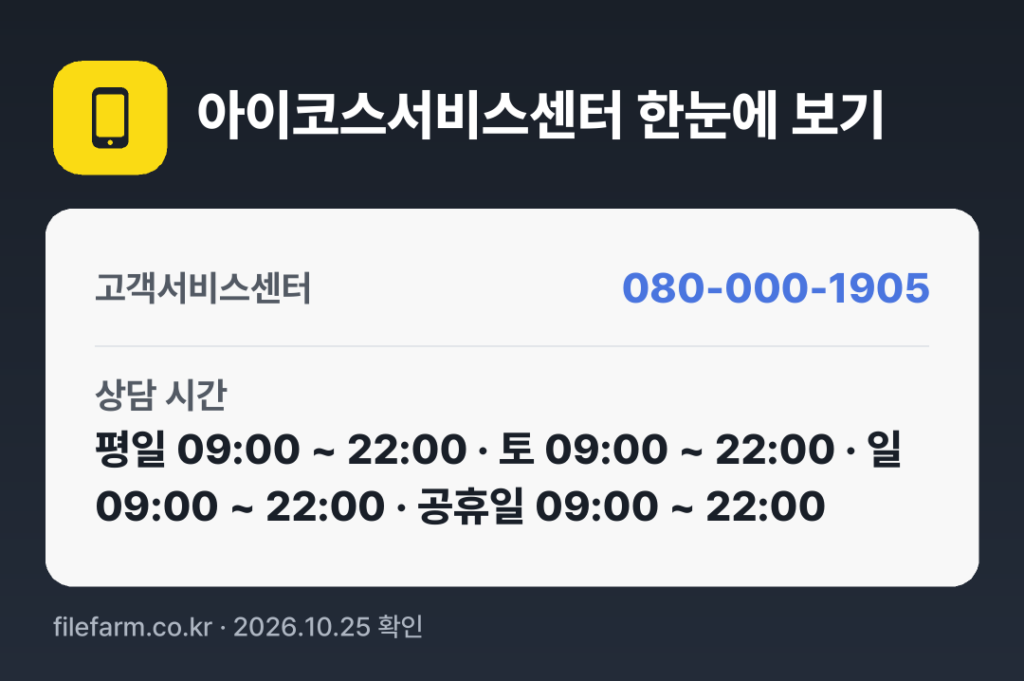 아이코스서비스센터 한눈에 보기: 080-000-1905 · 평일 09:00 ~ 22:00 · 토 09:00 ~ 22:00 · 일 09:00 ~ 22:00 · 공휴일 09:00 ~ 22:00