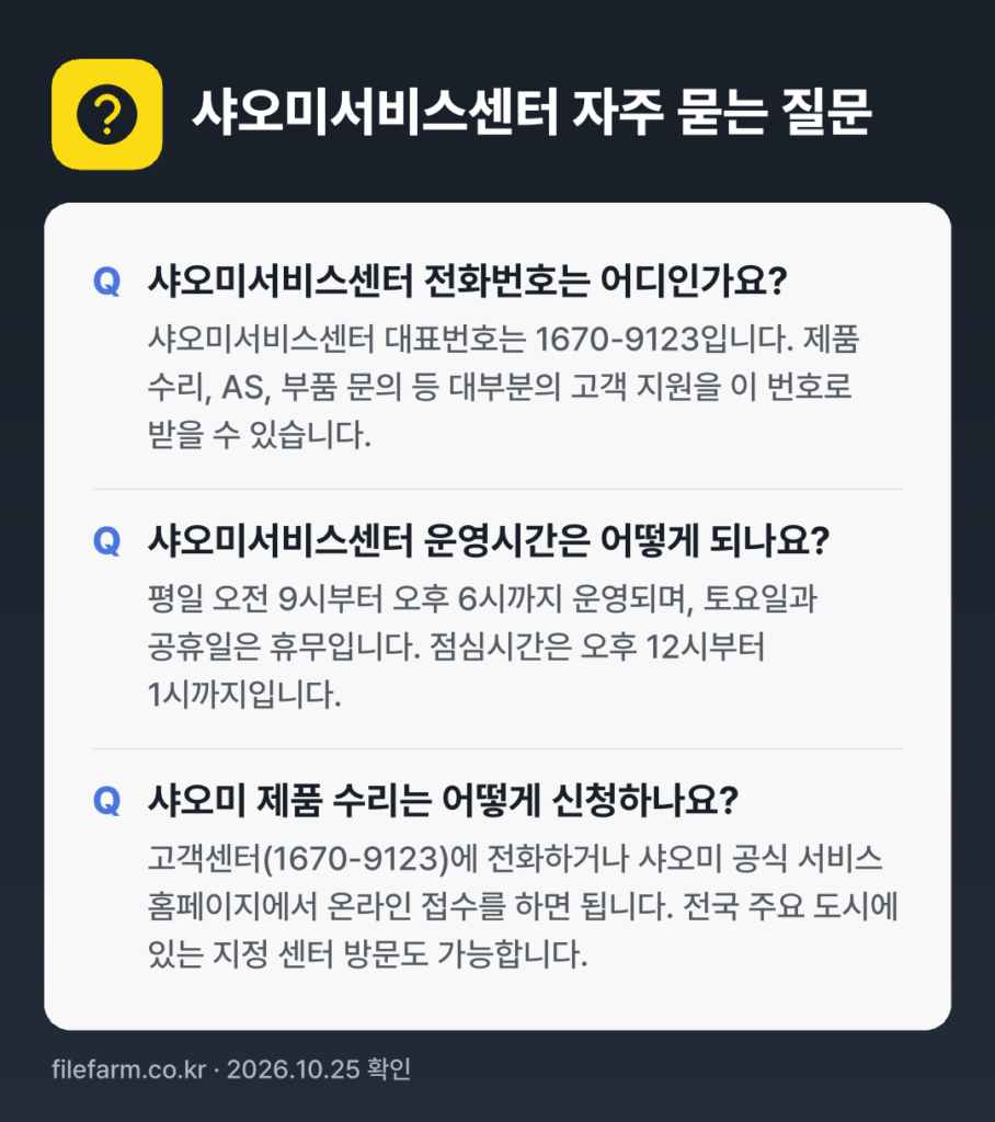 샤오미서비스센터 자주 묻는 질문: 샤오미서비스센터 전화번호는 어디인가요? / 샤오미서비스센터 운영시간은 어떻게 되나요? / 샤오미 제품 수리는 어떻게 신청하나요?