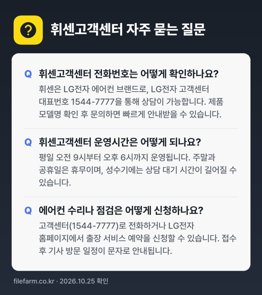 휘센고객센터 자주 묻는 질문: 휘센고객센터 전화번호는 어떻게 확인하나요? / 휘센고객센터 운영시간은 어떻게 되나요? / 에어컨 수리나 점검은 어떻게 신청하나요?
