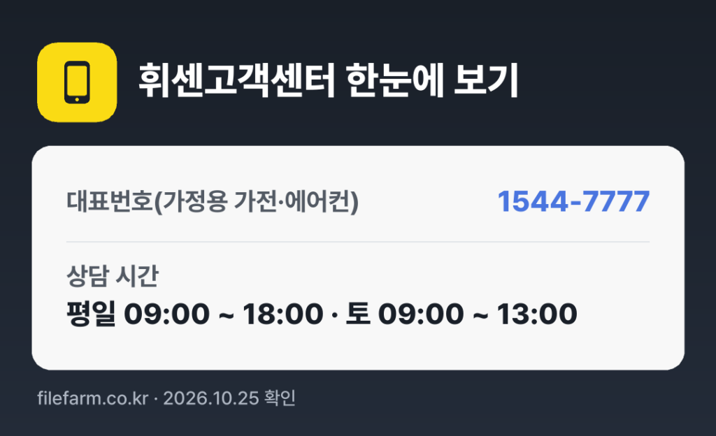 휘센고객센터 한눈에 보기: 1544-7777 · 평일 09:00 ~ 18:00 · 토 09:00 ~ 13:00 · 일 · 공휴일 휴무