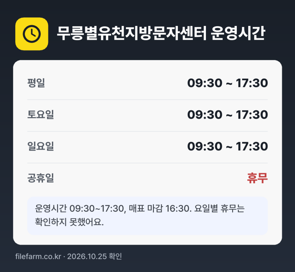 무릉별유천지방문자센터 운영시간: 평일 09:30 ~ 17:30 · 토 09:30 ~ 17:30 · 일 09:30 ~ 17:30 · 공휴일 휴무