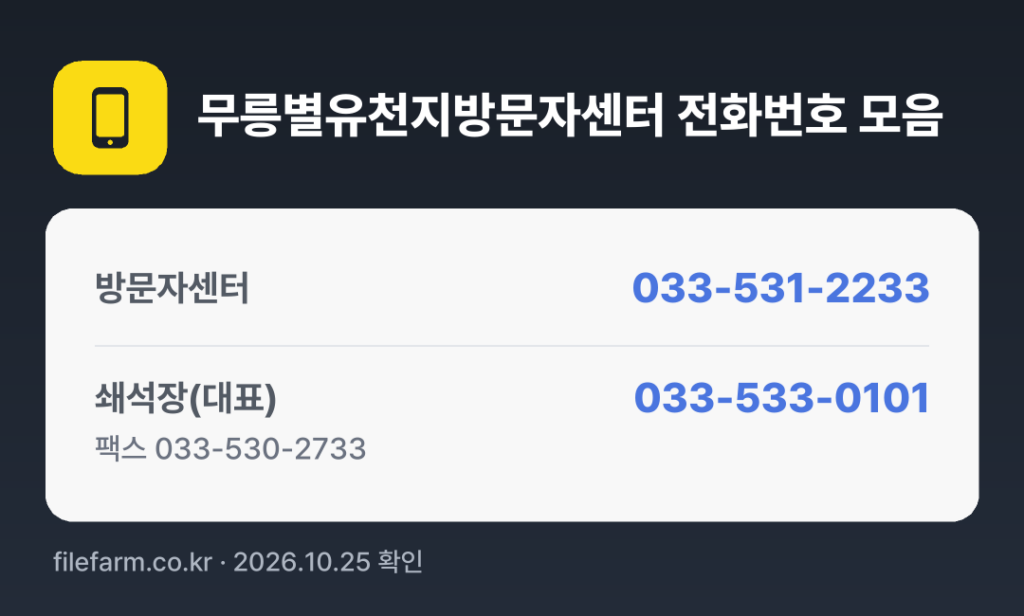 무릉별유천지방문자센터 전화번호 모음: 방문자센터 033-531-2233, 쇄석장(대표) 033-533-0101