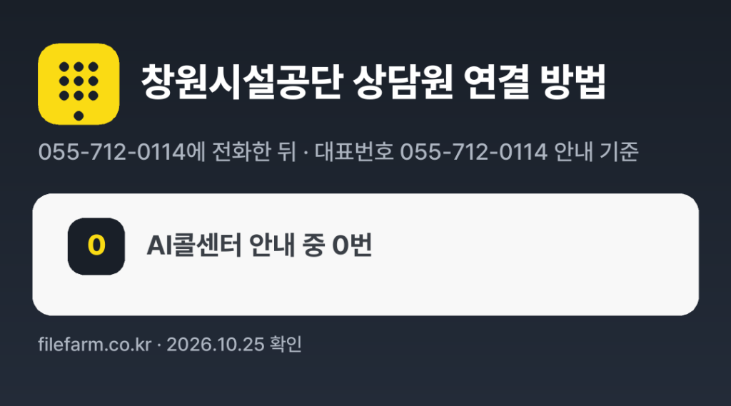 창원시설공단 상담원 연결 방법: 055-712-0114 전화 후 0번 (대표번호 055-712-0114 안내 기준)