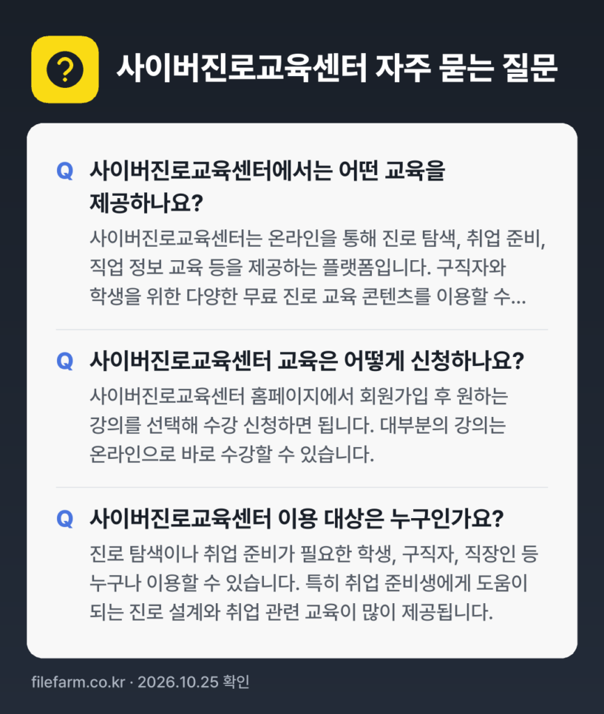 사이버진로교육센터 자주 묻는 질문: 사이버진로교육센터에서는 어떤 교육을 제공하나요? / 사이버진로교육센터 교육은 어떻게 신청하나요? / 사이버진로교육센터 이용 대상은 누구인가요?