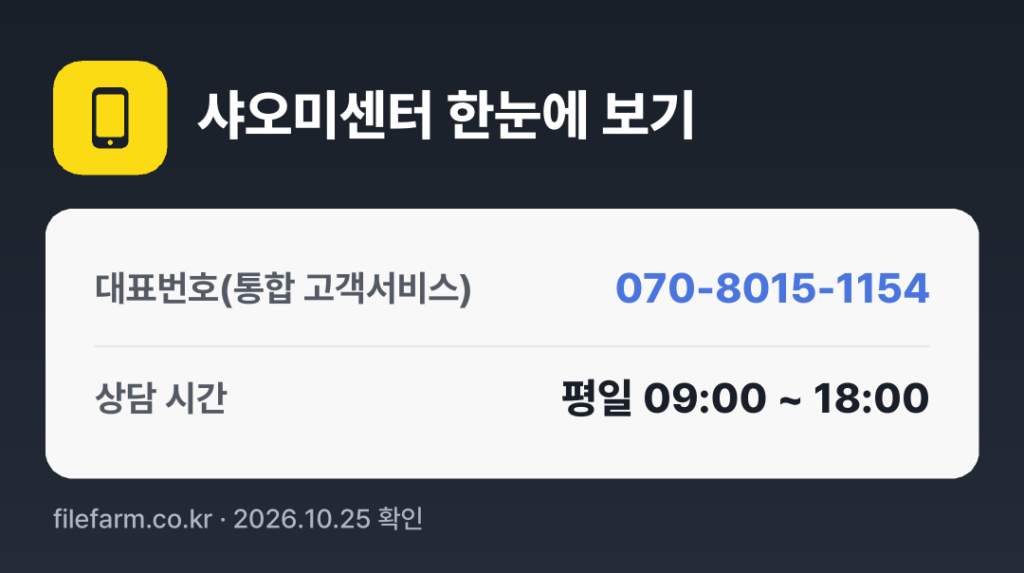 샤오미센터 한눈에 보기: 070-8015-1154 · 평일 09:00 ~ 18:00 · 토 · 일 · 공휴일 휴무