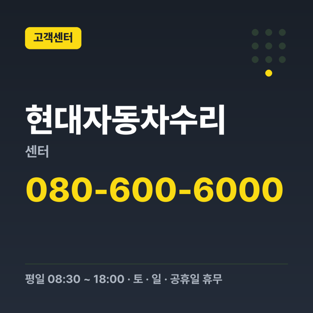 현대자동차수리센터 대표번호(고객센터) 080-600-6000 · 평일 08:30 ~ 18:00 · 토 · 일 · 공휴일 휴무