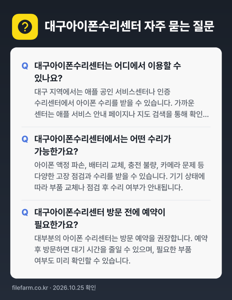 대구아이폰수리센터 자주 묻는 질문: 대구아이폰수리센터는 어디에서 이용할 수 있나요? / 대구아이폰수리센터에서는 어떤 수리가 가능한가요? / 대구아이폰수리센터 방문 전에 예약이 필요한가요?