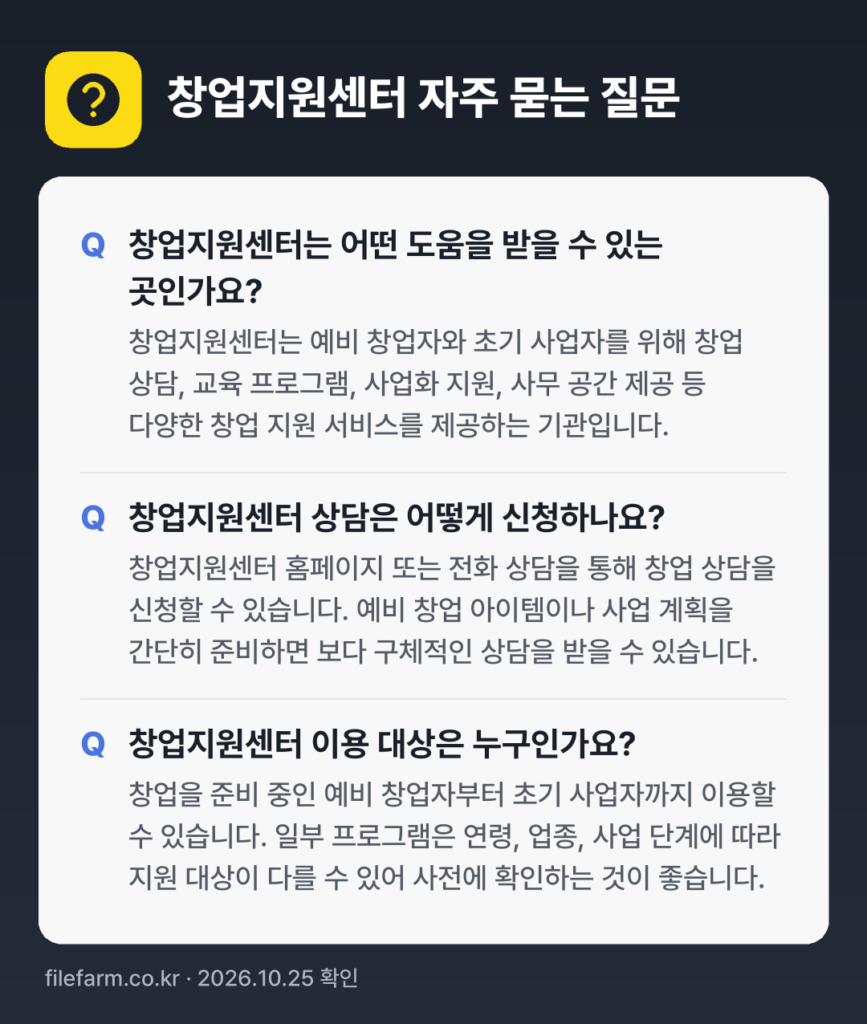 창업지원센터 자주 묻는 질문: 창업지원센터는 어떤 도움을 받을 수 있는 곳인가요? / 창업지원센터 상담은 어떻게 신청하나요? / 창업지원센터 이용 대상은 누구인가요?