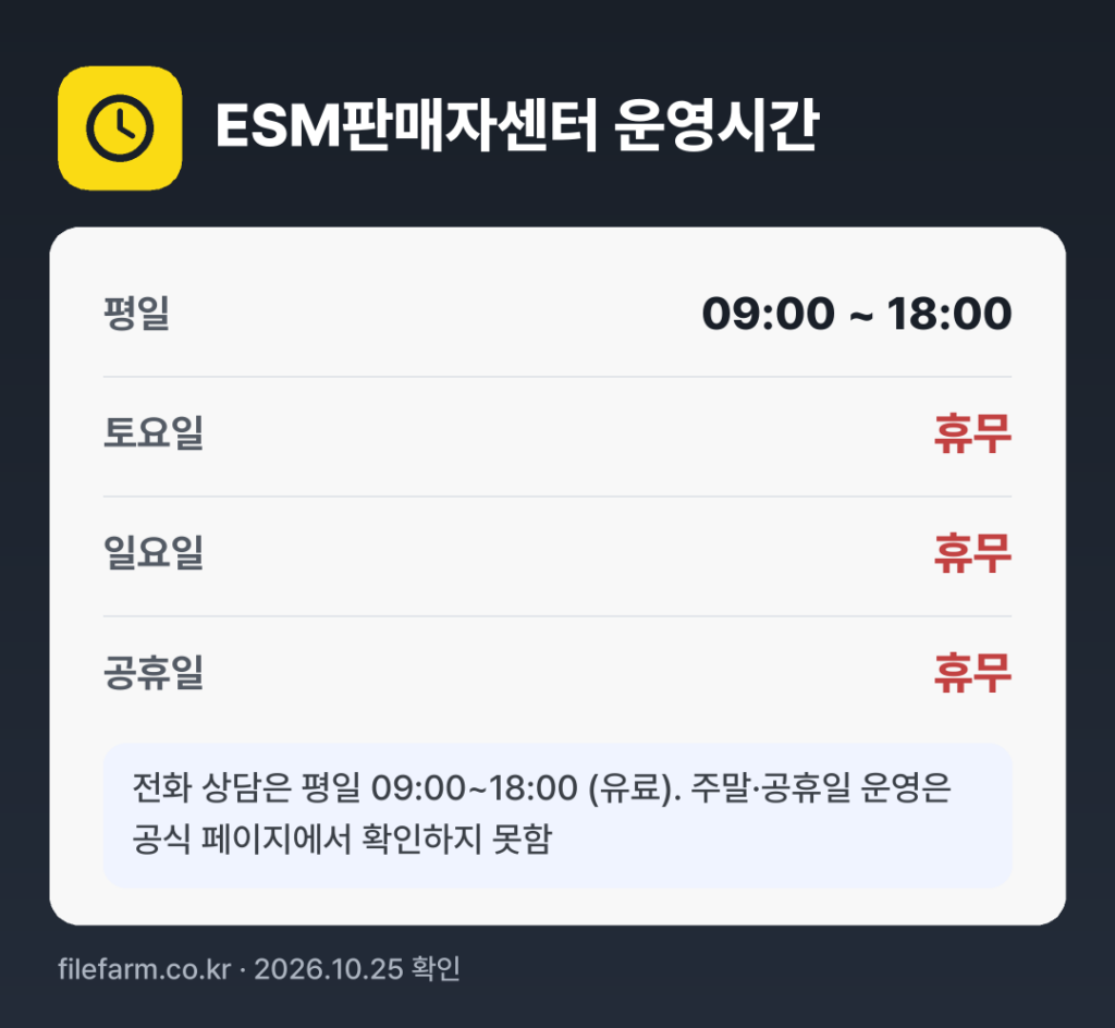 ESM판매자센터 운영시간: 평일 09:00 ~ 18:00 · 토 · 일 · 공휴일 휴무