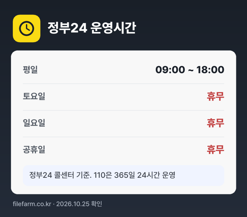 정부24 운영시간: 평일 09:00 ~ 18:00 · 토 · 일 · 공휴일 휴무