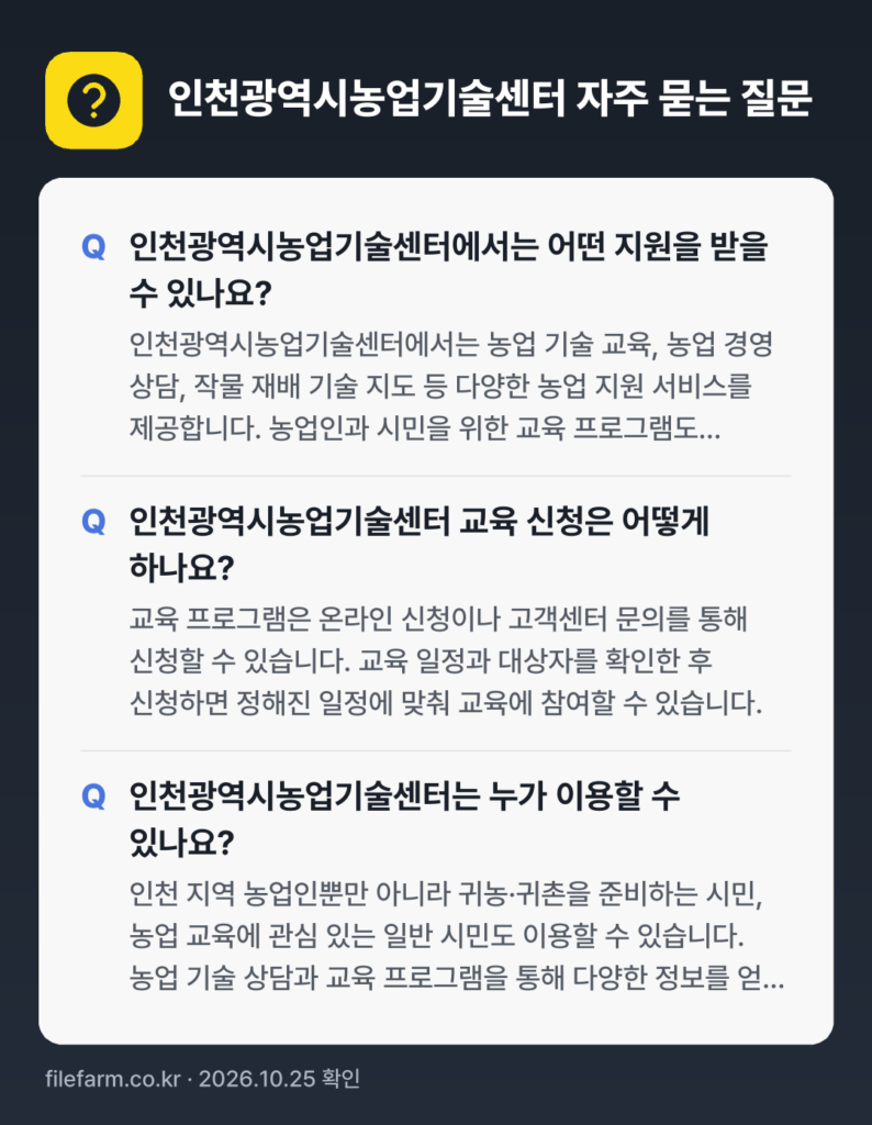 인천광역시농업기술센터 자주 묻는 질문: 인천광역시농업기술센터에서는 어떤 지원을 받을 수 있나요? / 인천광역시농업기술센터 교육 신청은 어떻게 하나요? / 인천광역시농업기술센터는 누가 이용할 수 있나요?