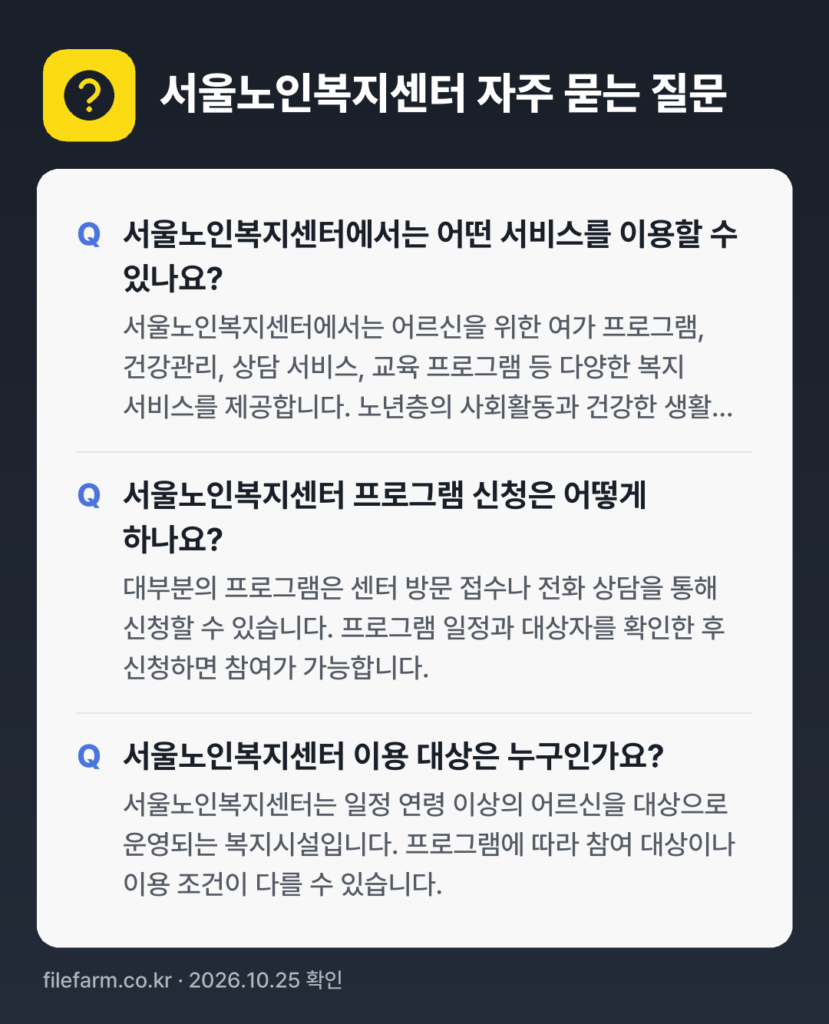 서울노인복지센터 자주 묻는 질문: 서울노인복지센터에서는 어떤 서비스를 이용할 수 있나요? / 서울노인복지센터 프로그램 신청은 어떻게 하나요? / 서울노인복지센터 이용 대상은 누구인가요?
