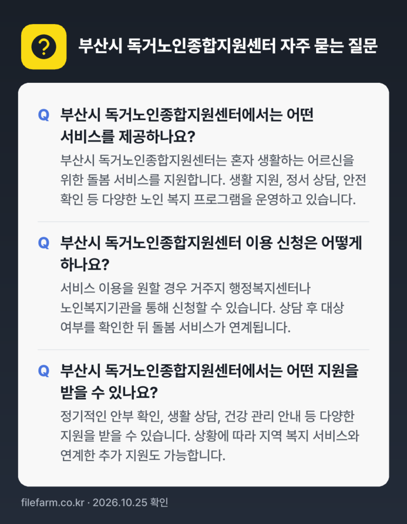 부산시 독거노인종합지원센터 자주 묻는 질문: 부산시 독거노인종합지원센터에서는 어떤 서비스를 제공하나요? / 부산시 독거노인종합지원센터 이용 신청은 어떻게 하나요? / 부산시 독거노인종합지원센터에서는 어떤 지원을 받을 수 있나요?