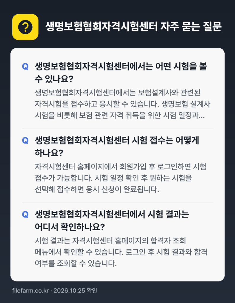 생명보험협회자격시험센터 자주 묻는 질문: 생명보험협회자격시험센터에서는 어떤 시험을 볼 수 있나요? / 생명보험협회자격시험센터 시험 접수는 어떻게 하나요? / 생명보험협회자격시험센터에서 시험 결과는 어디서 확인하나요?