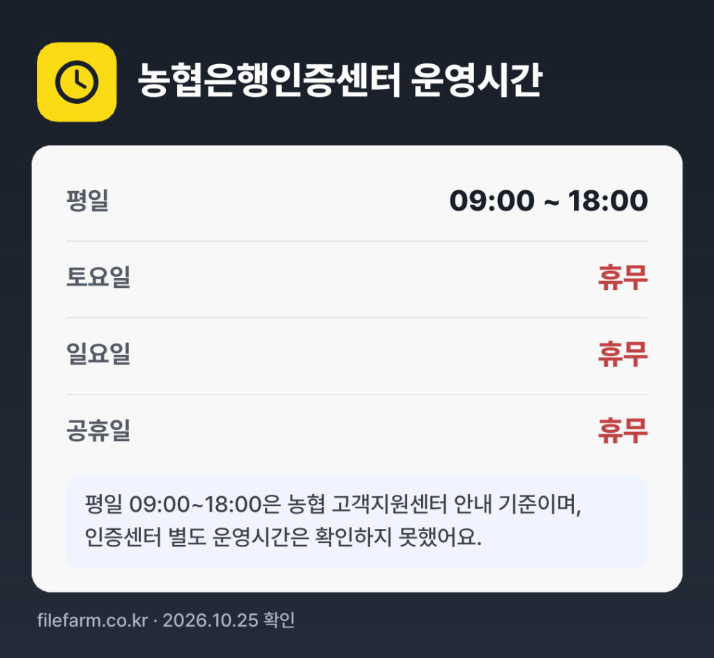 농협은행인증센터 운영시간: 평일 09:00 ~ 18:00 · 토 · 일 · 공휴일 휴무