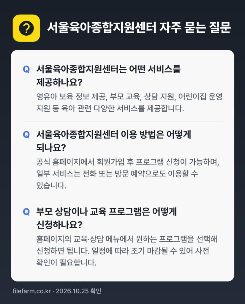 서울육아종합지원센터 자주 묻는 질문: 서울육아종합지원센터는 어떤 서비스를 제공하나요? / 서울육아종합지원센터 이용 방법은 어떻게 되나요? / 부모 상담이나 교육 프로그램은 어떻게 신청하나요?