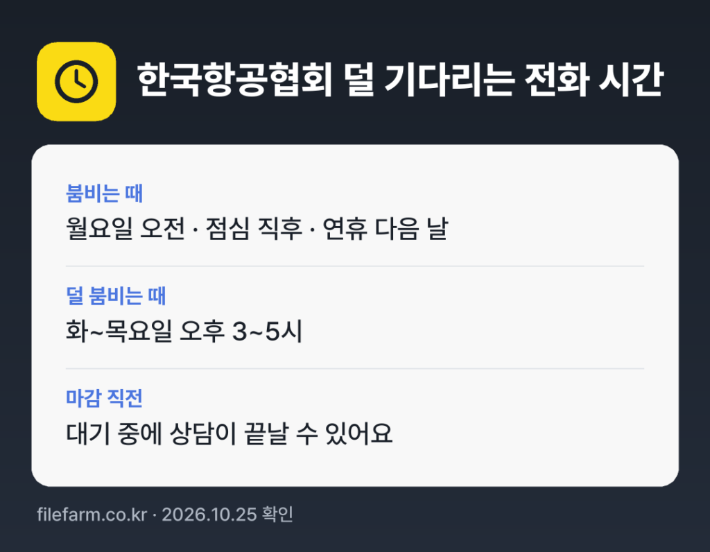 한국항공협회 덜 기다리는 전화 시간: 보통 화~목요일 오후 3~5시에 덜 붐벼요
