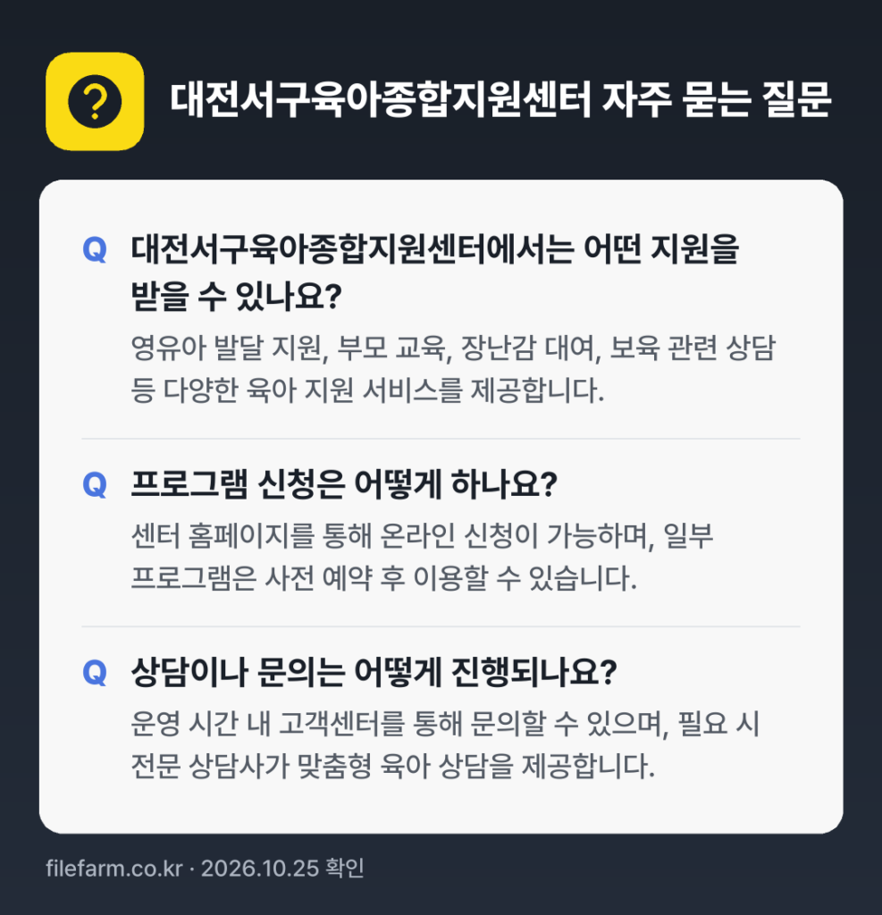 대전서구육아종합지원센터 자주 묻는 질문: 대전서구육아종합지원센터에서는 어떤 지원을 받을 수 있나요? / 프로그램 신청은 어떻게 하나요? / 상담이나 문의는 어떻게 진행되나요?