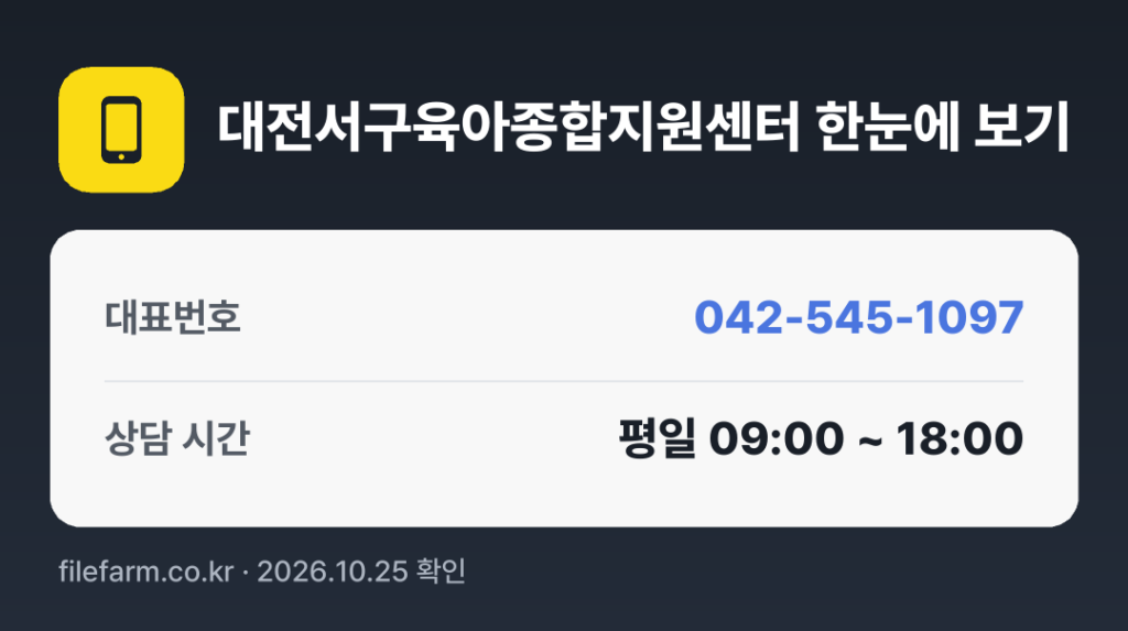 대전서구육아종합지원센터 한눈에 보기: 042-545-1097 · 평일 09:00 ~ 18:00 · 토 · 일 · 공휴일 휴무