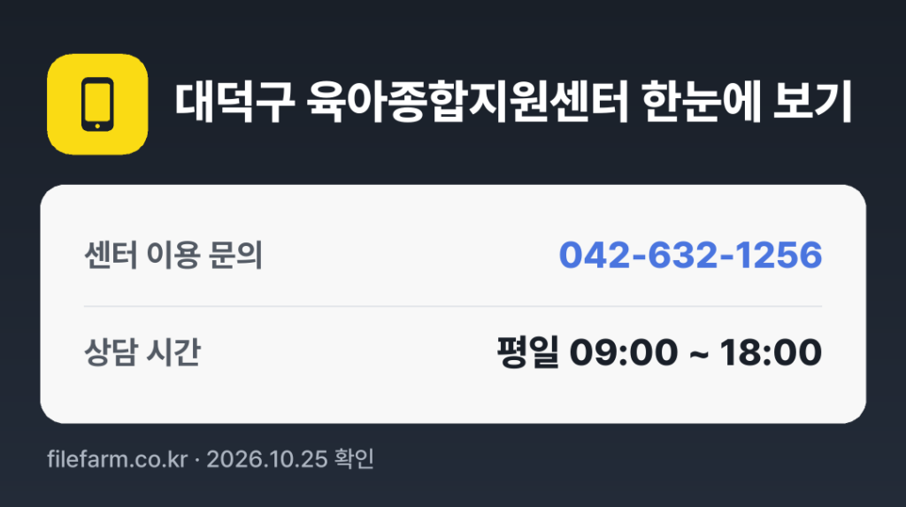 대덕구 육아종합지원센터 한눈에 보기: 042-632-1256 · 평일 09:00 ~ 18:00 · 토 · 일 · 공휴일 휴무