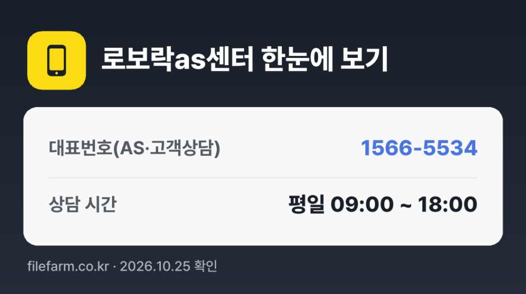 로보락as센터 한눈에 보기: 1566-5534 · 평일 09:00 ~ 18:00 · 토 · 일 · 공휴일 휴무