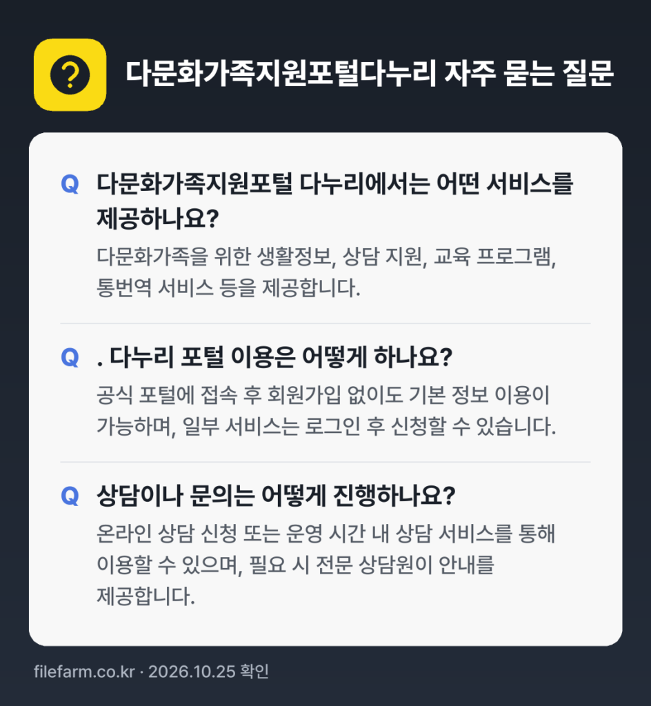 다문화가족지원포털다누리 자주 묻는 질문: 다문화가족지원포털 다누리에서는 어떤 서비스를 제공하나요? / . 다누리 포털 이용은 어떻게 하나요? / 상담이나 문의는 어떻게 진행하나요?