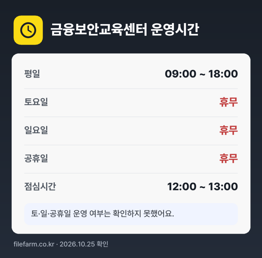 금융보안교육센터 운영시간: 평일 09:00 ~ 18:00 · 토 · 일 · 공휴일 휴무 · 점심시간 12:00 ~ 13:00