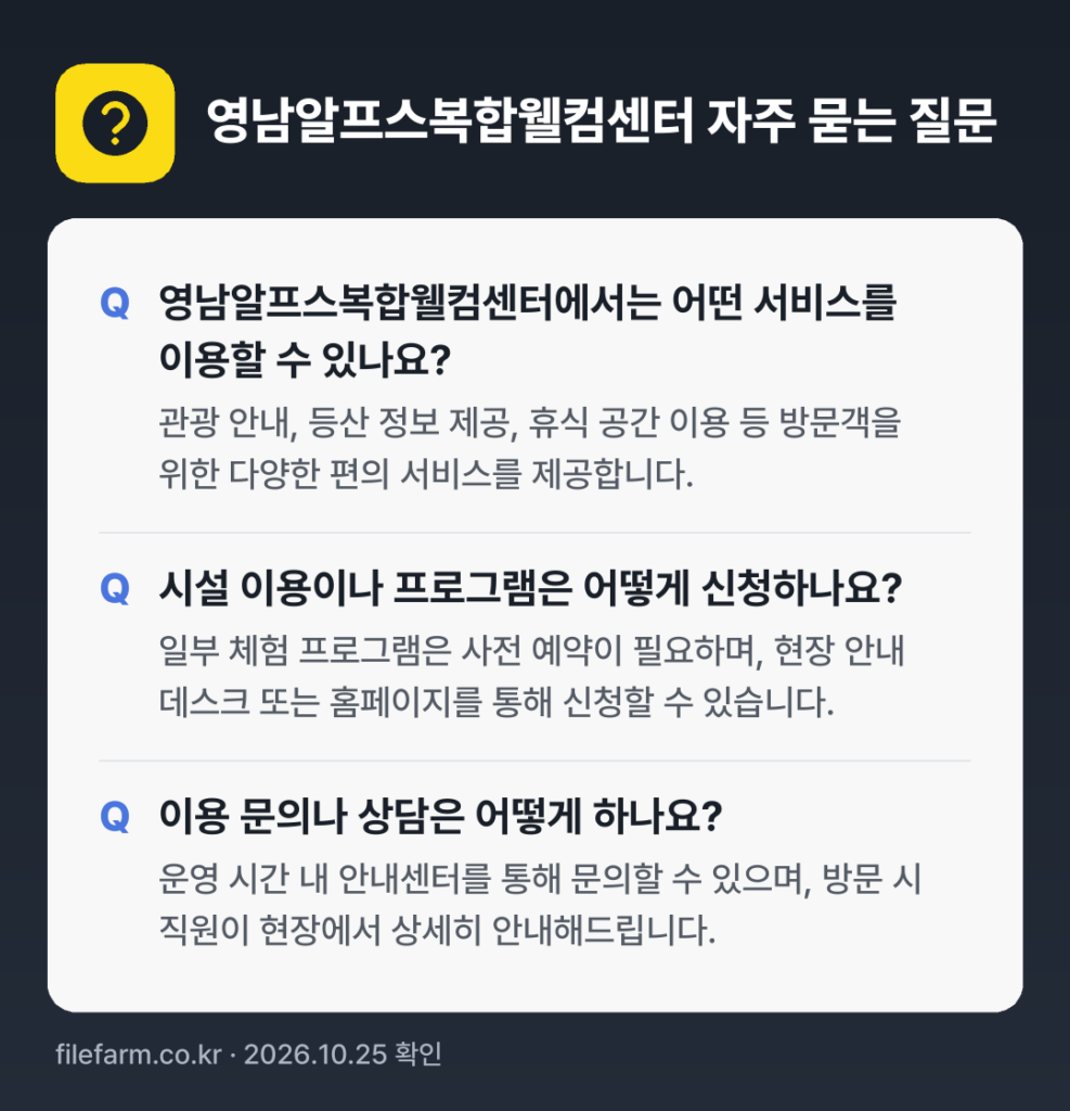 영남알프스복합웰컴센터 자주 묻는 질문: 영남알프스복합웰컴센터에서는 어떤 서비스를 이용할 수 있나요? / 시설 이용이나 프로그램은 어떻게 신청하나요? / 이용 문의나 상담은 어떻게 하나요?