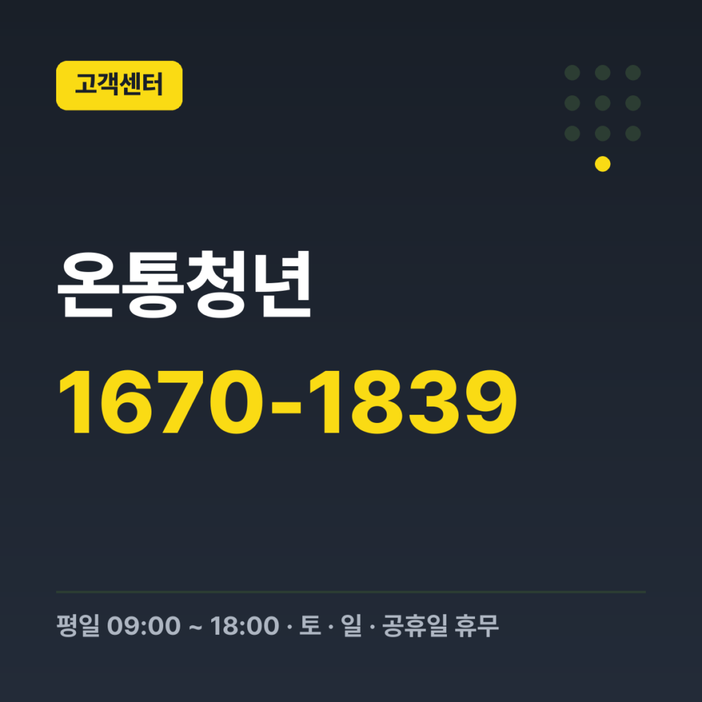 온통청년 전화상담(대표번호) 1670-1839 · 평일 09:00 ~ 18:00 · 토 · 일 · 공휴일 휴무