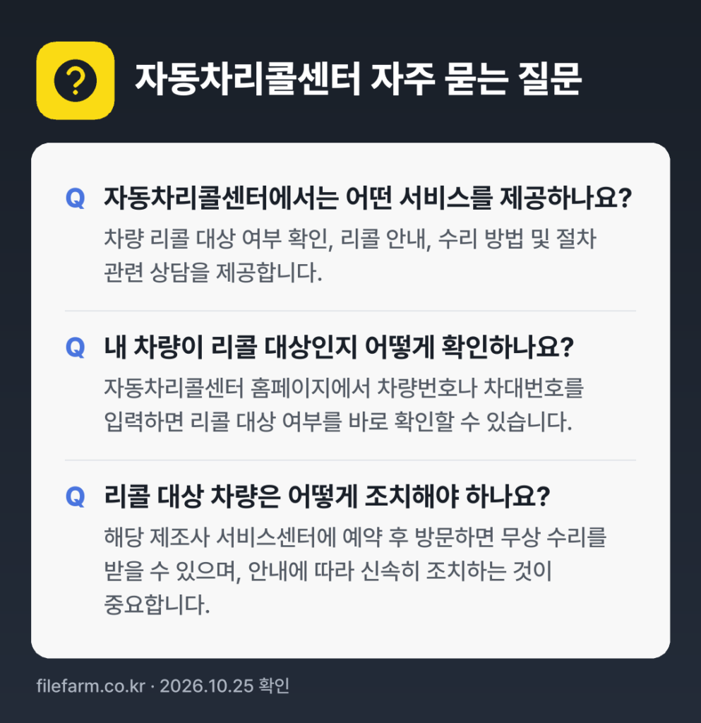 자동차리콜센터 자주 묻는 질문: 자동차리콜센터에서는 어떤 서비스를 제공하나요? / 내 차량이 리콜 대상인지 어떻게 확인하나요? / 리콜 대상 차량은 어떻게 조치해야 하나요?