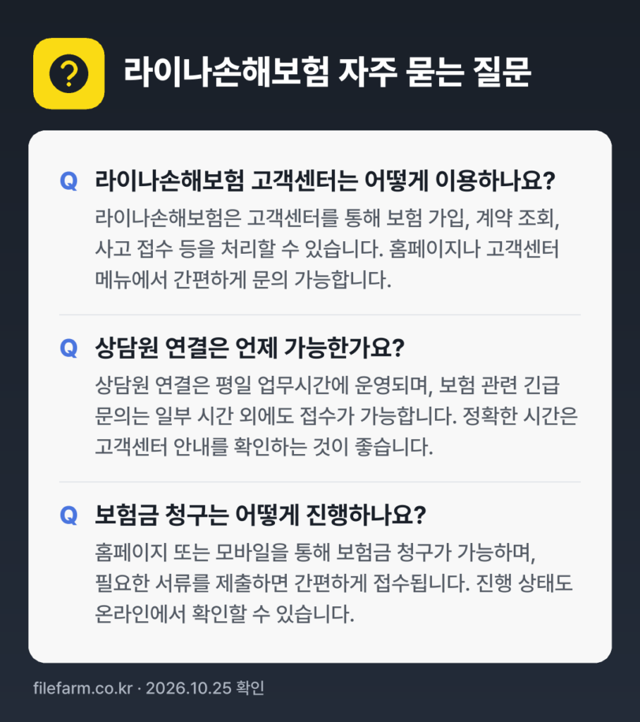 라이나손해보험 자주 묻는 질문: 라이나손해보험 고객센터는 어떻게 이용하나요? / 상담원 연결은 언제 가능한가요? / 보험금 청구는 어떻게 진행하나요?