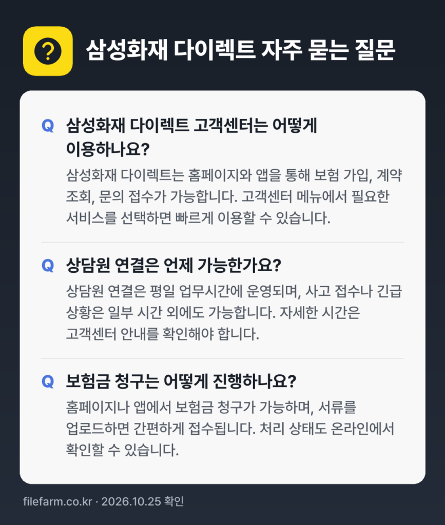 삼성화재 다이렉트 자주 묻는 질문: 삼성화재 다이렉트 고객센터는 어떻게 이용하나요? / 상담원 연결은 언제 가능한가요? / 보험금 청구는 어떻게 진행하나요?