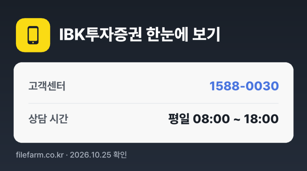 IBK투자증권 한눈에 보기: 1588-0030 · 평일 08:00 ~ 18:00 · 토 · 일 · 공휴일 휴무