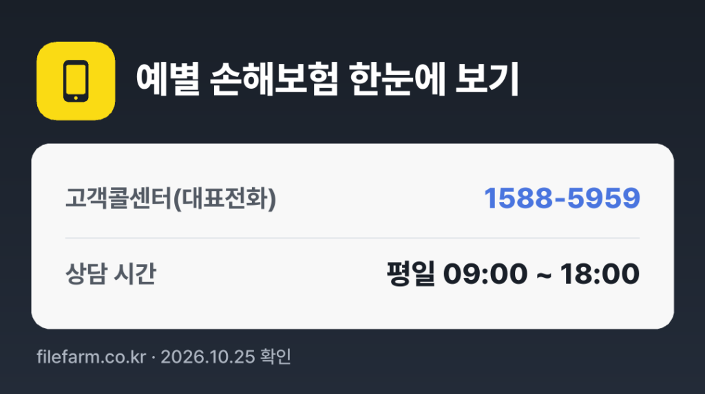 예별 손해보험 한눈에 보기: 1588-5959 · 평일 09:00 ~ 18:00 · 토 · 일 · 공휴일 휴무