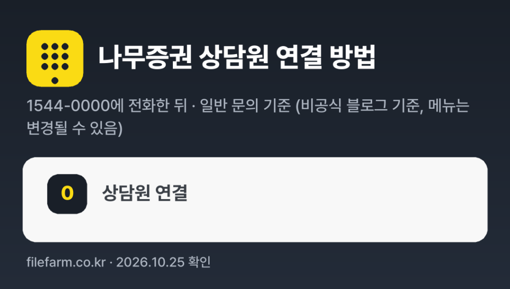 나무증권 상담원 연결 방법: 1544-0000 전화 후 0번 (일반 문의 기준 (비공식 블로그 기준, 메뉴는 변경될 수 있음))