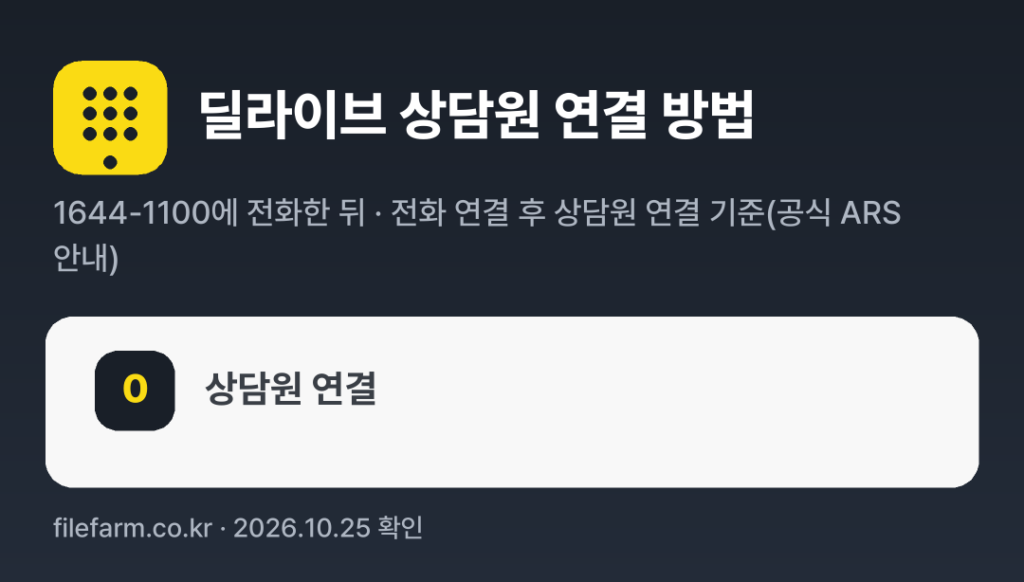 딜라이브 상담원 연결 방법: 1644-1100 전화 후 0번 (전화 연결 후 상담원 연결 기준(공식 ARS 안내))