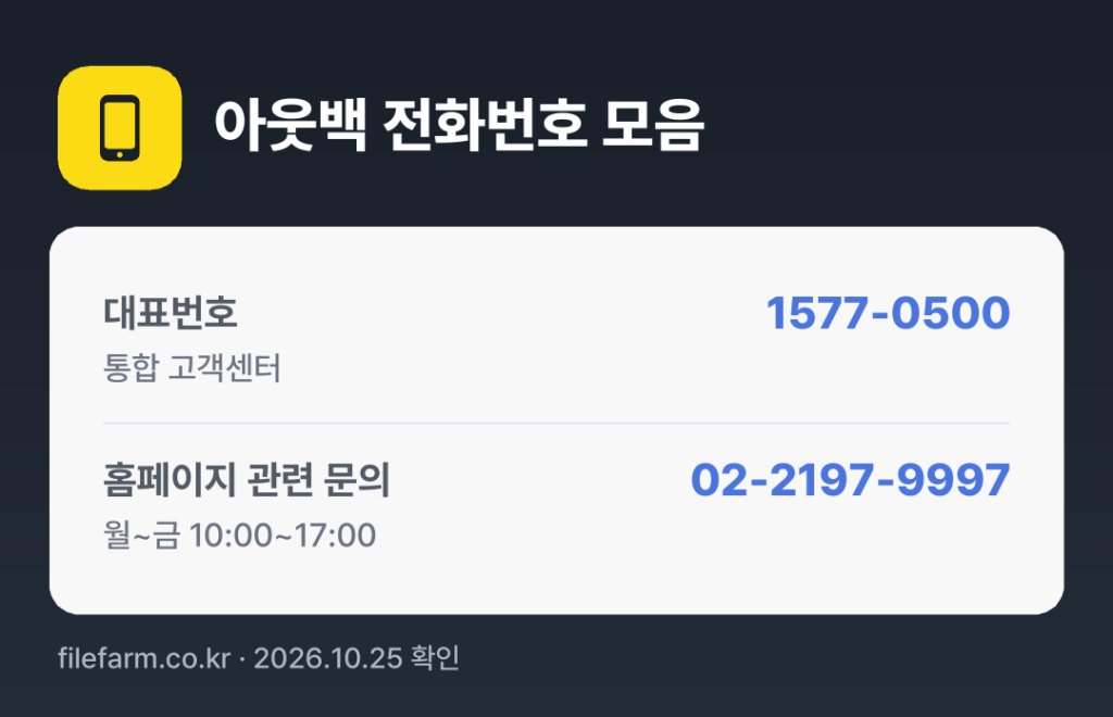 아웃백 전화번호 모음: 대표번호 1577-0500, 홈페이지 관련 문의 02-2197-9997