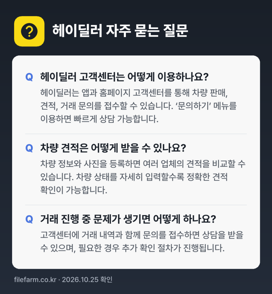 헤이딜러 자주 묻는 질문: 헤이딜러 고객센터는 어떻게 이용하나요? / 차량 견적은 어떻게 받을 수 있나요? / 거래 진행 중 문제가 생기면 어떻게 하나요?