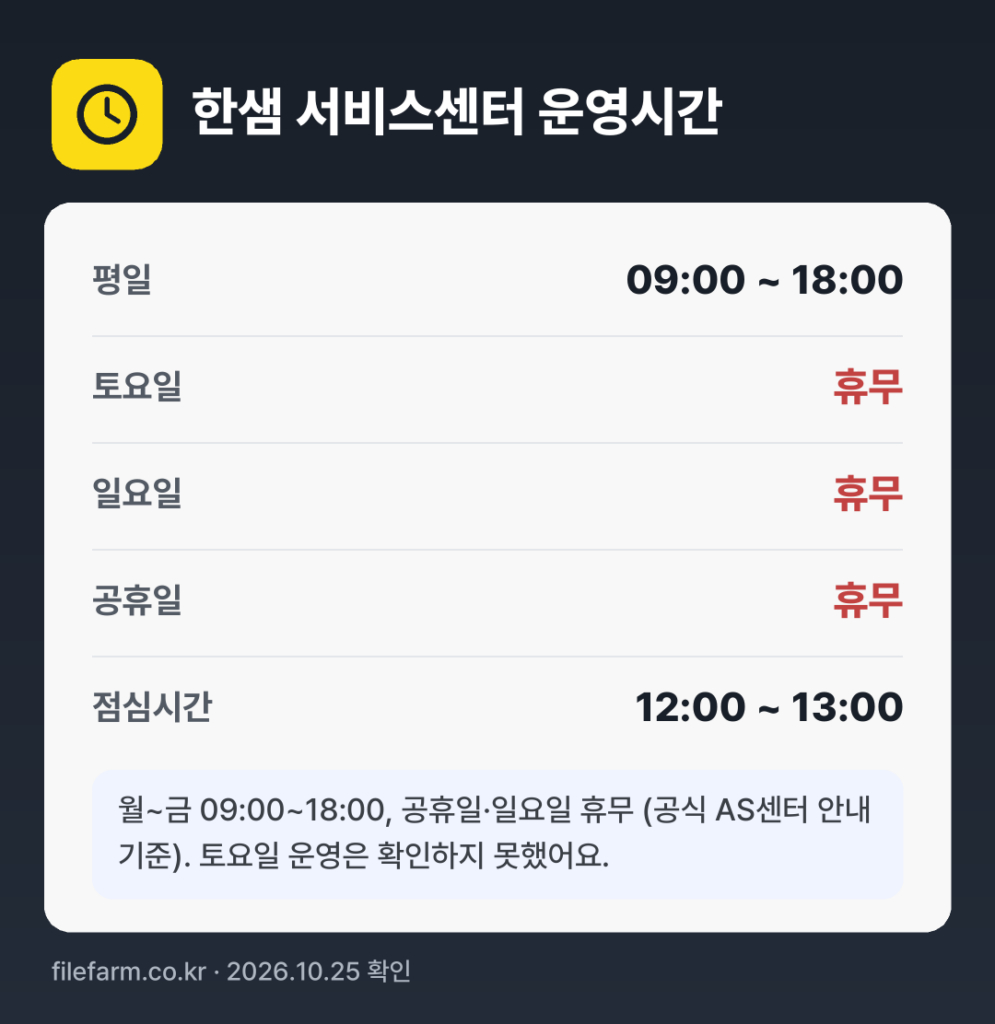 한샘 서비스센터 운영시간: 평일 09:00 ~ 18:00 · 토 · 일 · 공휴일 휴무 · 점심시간 12:00 ~ 13:00