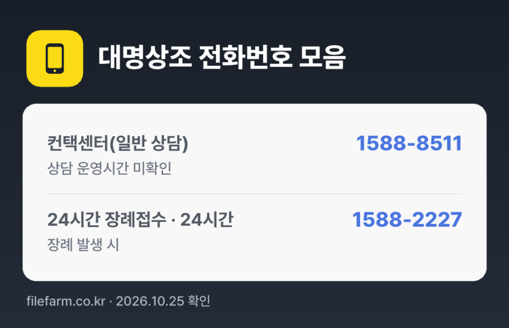 대명상조 전화번호 모음: 컨택센터(일반 상담) 1588-8511, 24시간 장례접수 · 24시간 1588-2227