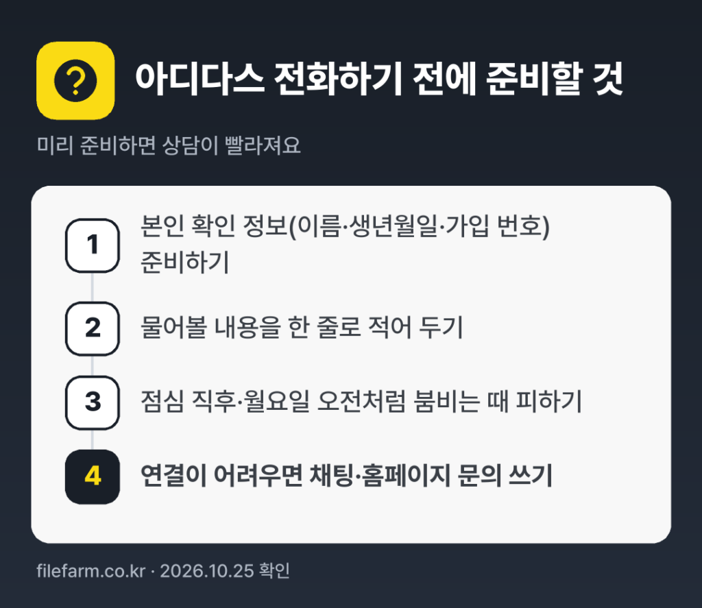 아디다스 전화하기 전에 준비할 것: 본인 확인 정보(이름·생년월일·가입 번호) 준비하기, 물어볼 내용을 한 줄로 적어 두기, 점심 직후·월요일 오전처럼 붐비는 때 피하기, 연결이 어려우면 채팅·홈페이지 문의 쓰기