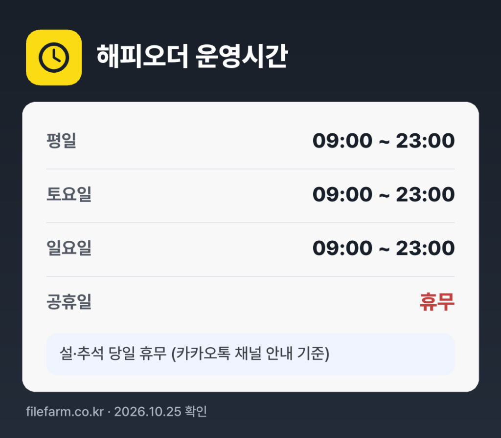 해피오더 운영시간: 평일 09:00 ~ 23:00 · 토 09:00 ~ 23:00 · 일 09:00 ~ 23:00 · 공휴일 휴무